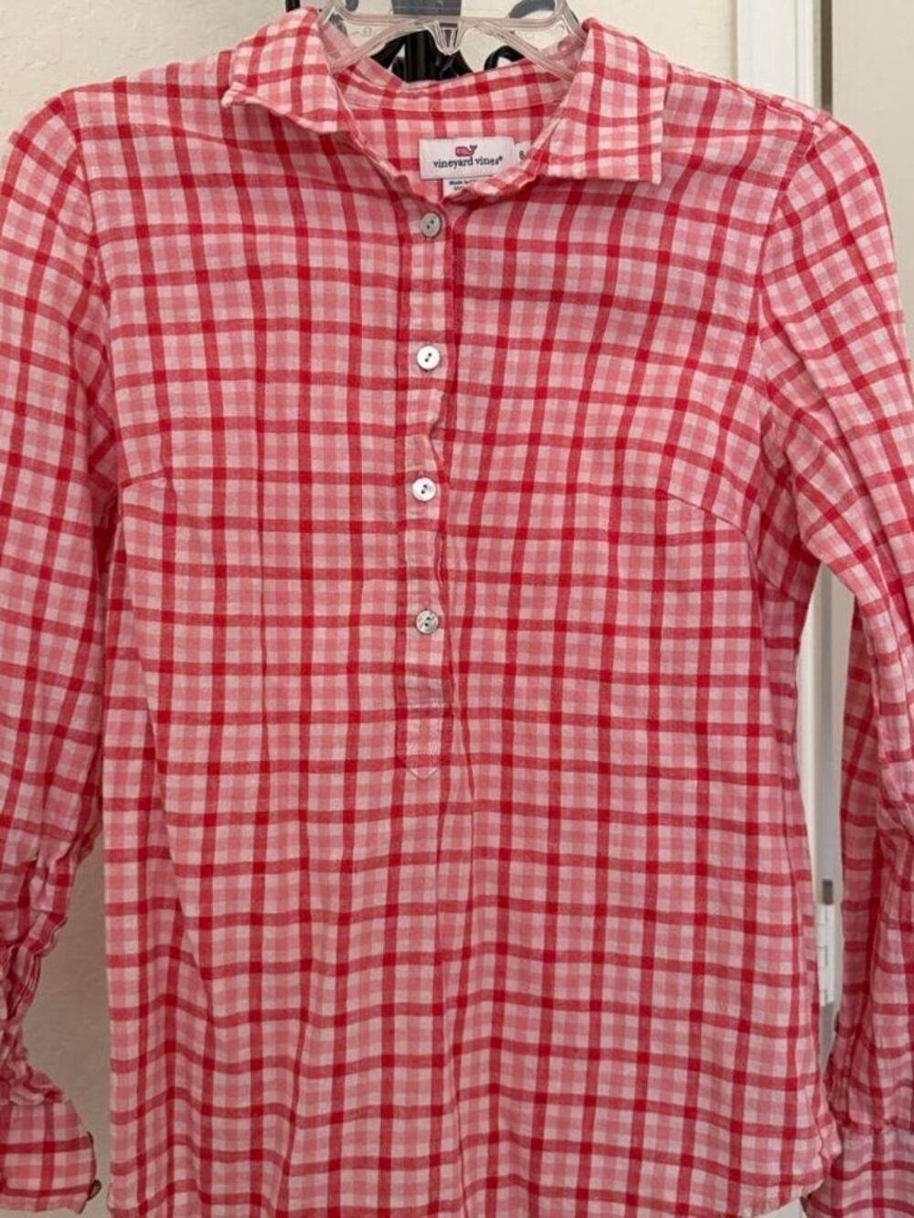 VINEYARD VINES Womens 6 Red Pink Gingham Linen Cotton Roll Tab Sleeve Shirt